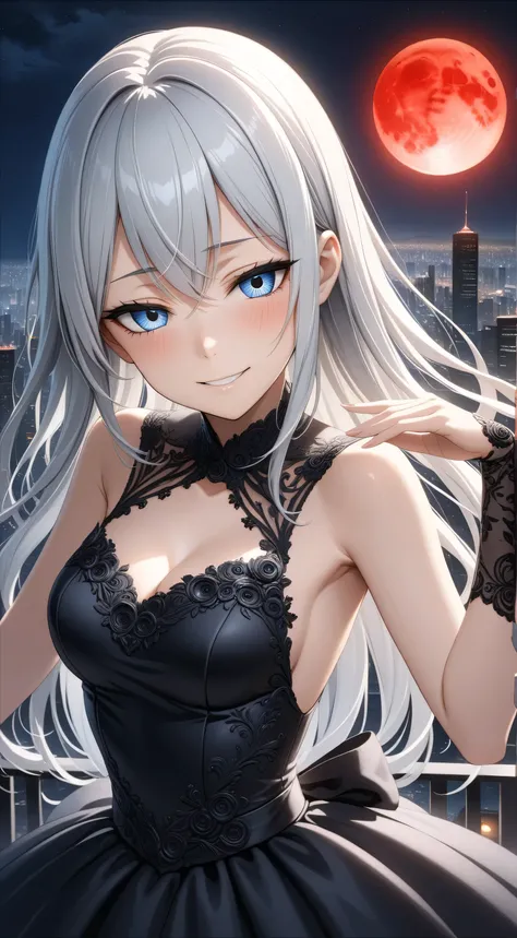 Random Sexy pose , ((Ultra detailing)), (very aesthetic, best quality, ultra detailed), intricate details, 1girl, silver hair, silver eyes,((Detailed eyes)), ((Beautifull eyes)), ((prefect eyes)), sharp jawline, long hair, smile face, Blush ,Wearing Black ...