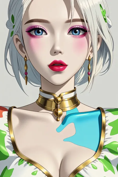 80’s glam rock makeup on shiny face, asian girl, anime, 2.5D, moody lighting, (green, pink, gold), pretty, sexy, minimal, sleek, slender, asian, elegant, futuristic, retro, sophisticated half human half machine, mouth open wide, Kizi,(eyes looking off to s...
