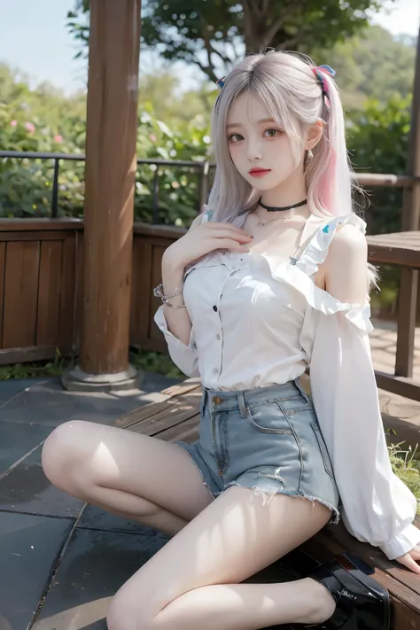   high definition , 8k,  1 girl,  Look at the audience ,    Very Long Hair  ,  White hair,   rainbow hair  ,  multicolored hair ,   ,   chest  ,  seductive face color  ,Slim legs, Sexy Gesture,necklace,earring,bangle, Women's Shirt, shorts,outdoor, Full Ch...