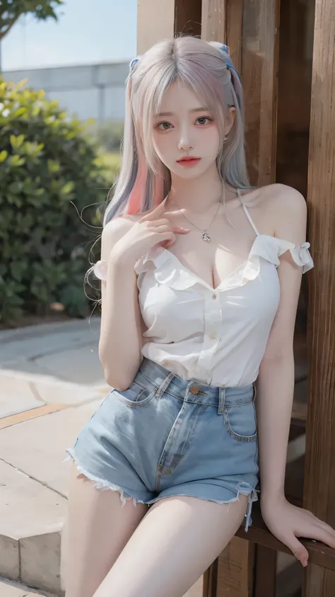   high definition , 8k,  1 girl,  Look at the audience ,    Very Long Hair  ,  White hair,   rainbow hair  ,  multicolored hair ,   ,   chest  ,  seductive face color  ,Slim legs, Sexy Gesture,necklace,earring,bangle, Women's Shirt, shorts,outdoor, Full Ch...