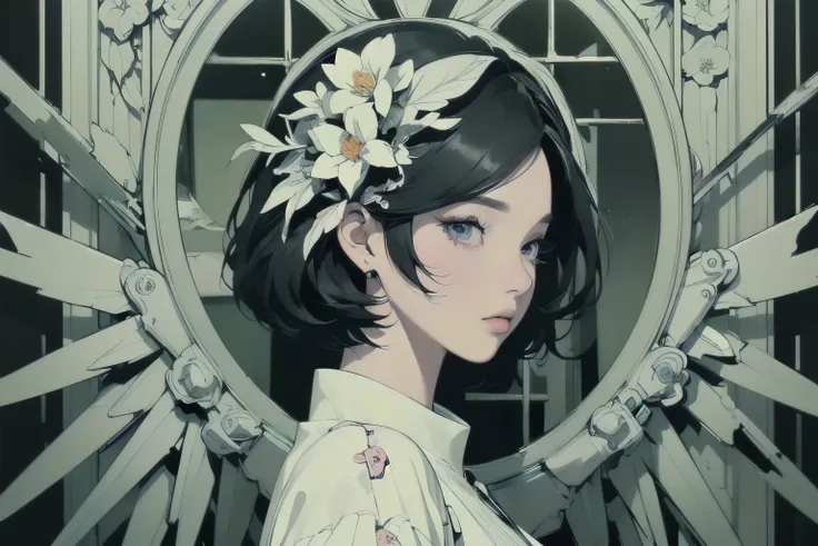 (((masterpiece,    top quality )))、(((32K Wallpaper)))、 Perfect face、 Detailed Hair 、 upper body closeup  、Lots of white flowers、Gorgeous light leaks、  short hair、((( blackい布のローブ)))、Grim Reaper  、(((   detailed and complex futuristic mechanical wings )))、 ...