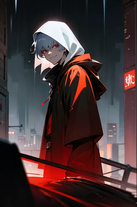 (character: Kaneki_ken), red eyes, silver hair, male character, solo, rain, hood up, red and black color scheme, intense gaze, dark and gritty atmosphere, urban setting, dramatic lighting, mysterious smile, Tokyo cityscape, Drizzling,