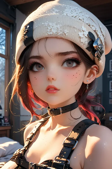 1girl,Thorough, analog style, eye focus, highest quality, (highly detailed skin), photo of a exquisitely beautiful pale skin punk Dutch girl, 21yo, (wearing harness, and beanie), perfect face, alluring eyes, big breasts, cleavage, [seductive makeup], skin ...