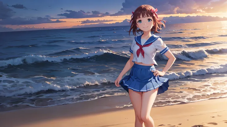 CG, Unity, 8k,  wallpaper,  top quality, masterpiece,  1 girl, , Amami Haruka , cowboy shot,  standing,  completely naked, (smile: 1.2),  white sailor uniform, (Blue Collar,  BLUE SKIRT : 1.3), Short sleeve,  barefoot, Best lighting, Complex pupil, Complex...