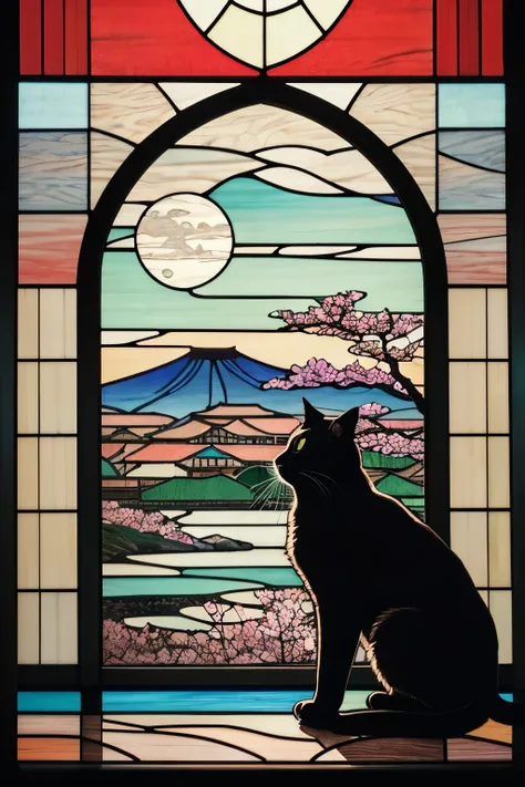 A highly realistic stained glass artwork featuring a black cat in a traditional Japanese ukiyo-e art style. The stained glass design should have intricate lead lines, vivid and deep colors, and realistic glass textures with light reflections. The backgroun...