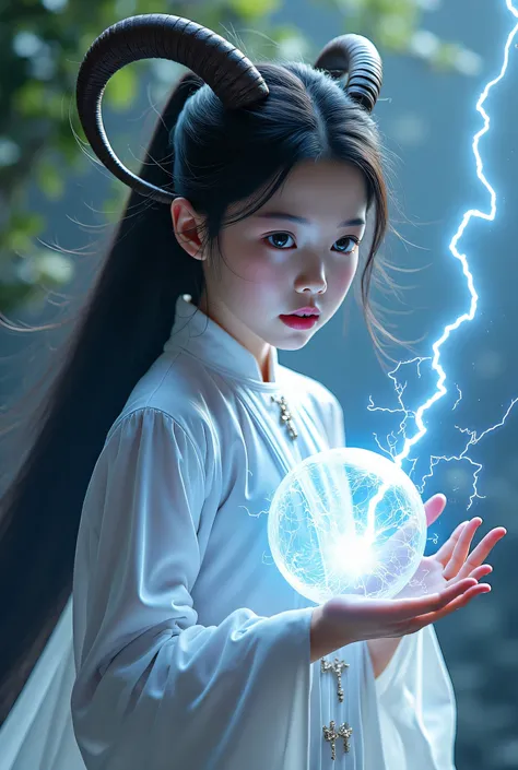 A girl wearing a white ao dai holding a lightning energy ball in her hand, long wig, head with goat horns, mouth with fangs  