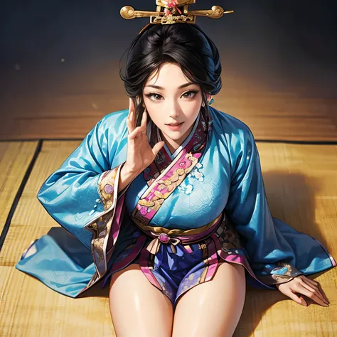 (( from the top of her head to her thighs)),  Three Kingdoms illustration , Female solo, ((Korean traditional clothing:1.5)),  Beautiful Woman,  beautiful face pointing a sword,  perfect hands, ( black hair),  sexy expression ,  wink your eyes,  excited ex...