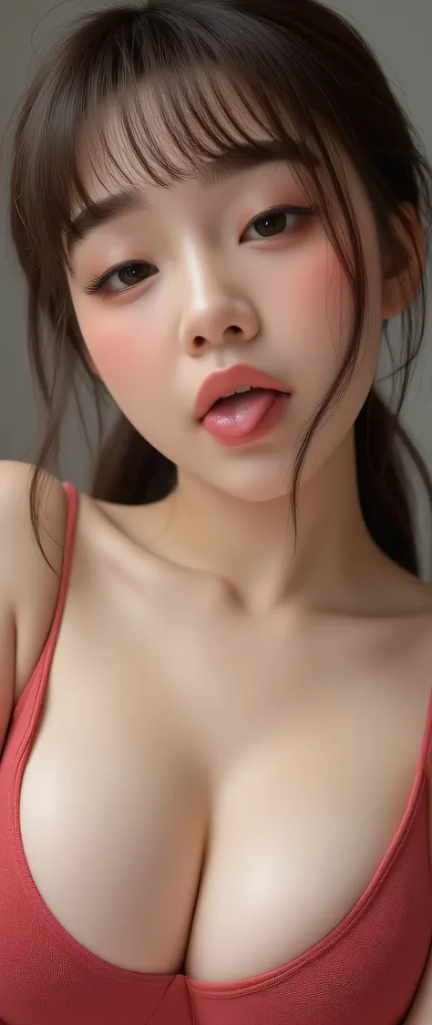 ((Best Quality, 8K, Masterpiece: 1.3)), two perfect young korean e-girl streamer makeup, tank top that emphasize perfect big cleavage, cleavage line is slightly exposed, wide round-shaped cleavage line going down perfectly as being squeezed, amazing breast...