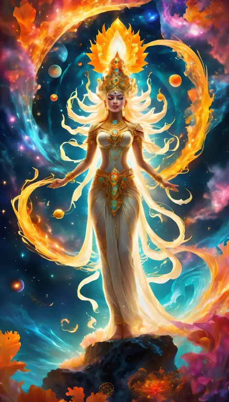 **Evolution of the Universe**: Draw pictures showing the universe in different stages, from its primordial creation to its destruction and finally its rebirth. Includes elements such as a primordial ocean, a goddess wearing Mahabharata attire sitting on a ...