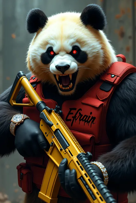 An angry red-eyed panda with a yellow AR 15 gun with a sign a diamond watch tactical vest that says Efrain in cursive blood-red letters 