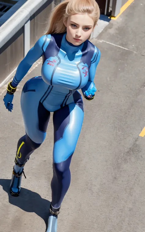 ((Best Quality)), (Detailed: 1.4), (Absurd), Caucasian female fighter pilot ready for war, front walking, muscular sculptural body defined, Closed mouth, muscular body covered by technological clothing, Cyberpunk, ((perfect large breasts)), (blue eyes with...