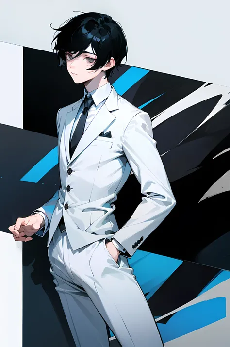 boy, black hair, pale white eyes, dark theme, cool, cold, stylish, high image quality , white suit.