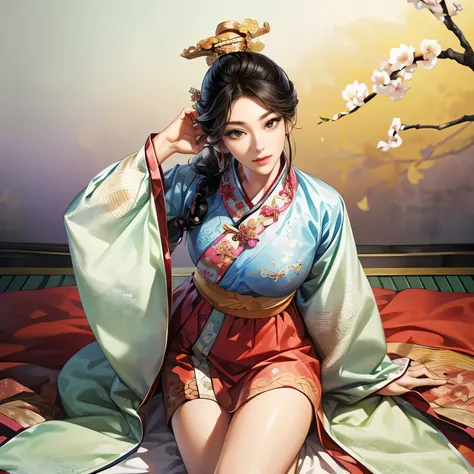 (( from the top of her head to her thighs)),  Three Kingdoms illustration , Female solo, ((Korean traditional clothing:1.5)),  Beautiful Woman,  beautiful face pointing a sword,  perfect hands, ( black hair),  sexy expression ,  wink your eyes,  excited ex...