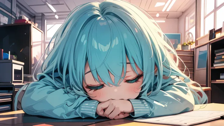 Turquoise Hair、 is sleeping、The face is hidden with both arms、I'm putting my face on the desk、I have eyes, nose, and mouth attached to the desk、 long-sleeved blue-green shirt、 I can't see my face 、