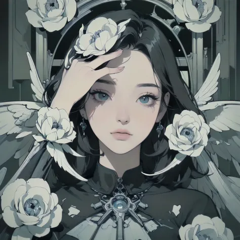 (((masterpiece,    top quality )))、(((32K Wallpaper)))、  perfect face、 Detailed Hair 、 upper body closeup  、Lots of white flowers、Gorgeous light leaks、  short hair、((( blackい布のローブ)))、Grim Reaper  、(((   detailed and complex futuristic mechanical wings )))、...