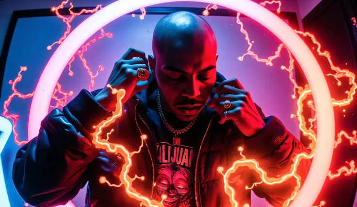 gr!llz, person Nztykle bald head in the style of Jed-clrfl , side shot side pose standing sideways Ebony character enveloped in intense thick colored energy.The character has luminous peacock color skin, wearing a fur bubble jacket with shirt underneath w...