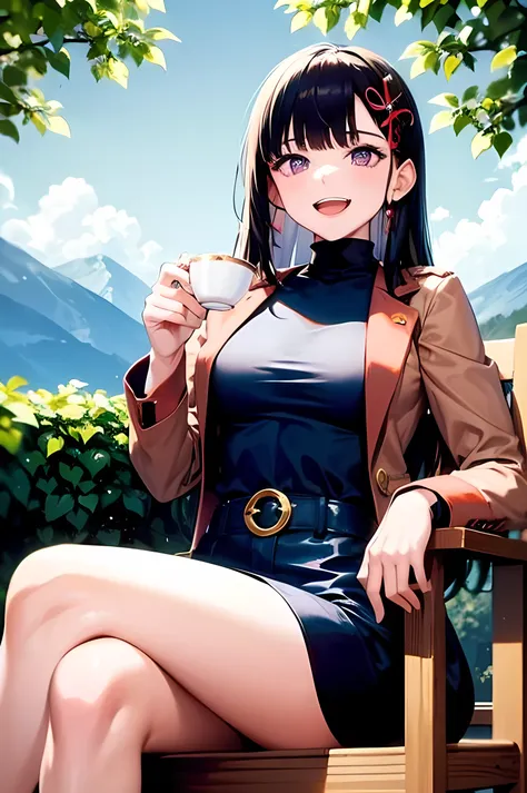 masterpiece, best quality,  1girl, purple eyes, solo, black hair, cup, crossed legs, long hair, sitting, holding, holding cup, open mouth, smile, teacup, bangs, looking at viewer, skirt, breasts, jacket, outdoors, turtleneck, black skirt, thighs, hair ribb...