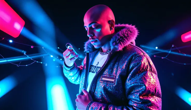 gr!llz, person Nztykle bald head in the style of Jed-clrfl , shide shot side pose standing sideways Ebony character enveloped in intense thick colored energy.The character has luminous peacock color skin, wearing a fur bubble jacket with shirt underneath ...