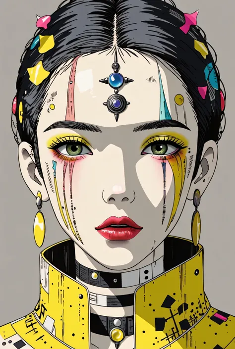 ((best quality)), ((masterpiece)), (detailed), perfect face of cyberpunk mecha japanese girl, neon yellow eyes, neon yellow body, neon yellow hair, ((monochromatic neon yellow color palette)), surreal, art nouveau, in the illustrative style of moebius, spa...