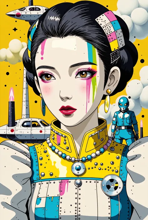 ((best quality)), ((masterpiece)), (detailed), perfect face of cyberpunk mecha japanese girl, neon yellow eyes, neon yellow body, neon yellow hair, ((monochromatic neon yellow color palette)), surreal, art nouveau, in the illustrative style of moebius, spa...