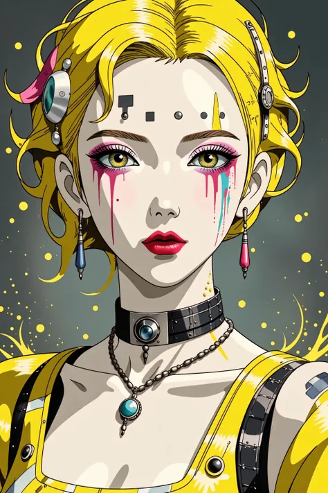 ((best quality)), ((masterpiece)), (detailed), perfect face of cyberpunk mecha japanese girl, neon yellow eyes, neon yellow body, neon yellow hair, ((monochromatic neon yellow color palette)), surreal, art nouveau, in the illustrative style of moebius, spa...