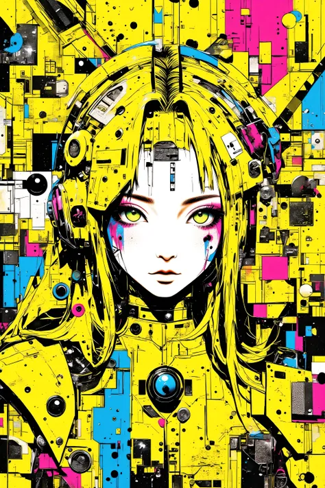 ((best quality)), ((masterpiece)), (detailed), perfect face of cyberpunk mecha japanese girl, neon yellow eyes, neon yellow body, neon yellow hair, ((monochromatic neon yellow color palette)), surreal, art nouveau, in the illustrative style of moebius, spa...