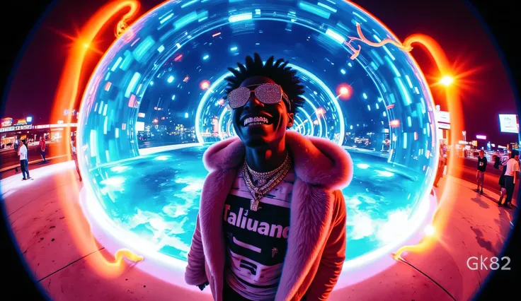 gr!llz, in the style of Jed-clrfl , Ebony character in side pose rapper stance::8.2 enveloped in intense thick colored energy.The character has luminous peacock color skin, wearing a fur bubble jacket with shirt underneath with bold text that says "Taliju...