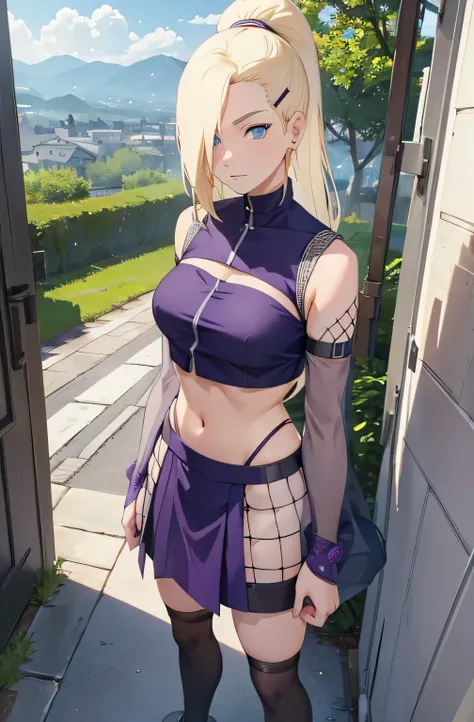 (masterpiece), best quality, expressive eyes, perfect face, 1 girl, solo, yamanaka ino, blonde hair, blue eyes, purple crop top, separate sleeves, purple skirt, mesh sleeves, meshes, outdoors, natural lighting, full body, portrait, looking at viewer, from ...