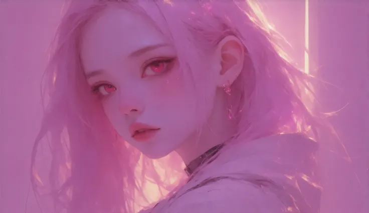  1 girl, solo,  high resolution,  Realistic anatomy ,  best quality,  In detail,  long hair hairstyle,  pink hair , earrings,  red eyes ,  Widescreen format ,  anime style,  ray tracing,  Cyberpunk 