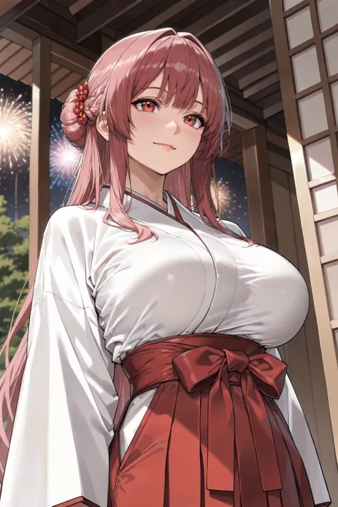 "A beautiful woman wearing a Japanese kimono,  long hair, thin waist, (((Big Breasts))),Smile、2D, see here、 looks up、 cute, anime style, (red eyes:0.8),  bun hair, (highest quality, 4K, 8k, high resolution, masterpiece:1.2), ultra detail, (realistic, photo...