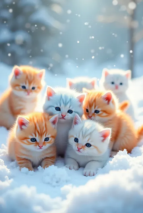 Beautiful kittens different colors dress enjoying snow