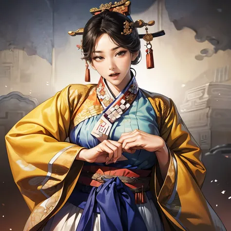  Three Kingdoms illustration , Female solo, ((Korean traditional clothing:1.5)),  Beautiful Woman,  beautiful face pointing a sword,  perfect hands, ( black hair),  sexy expression ,  wink your eyes,  excited expression, Various facial expressions,  variou...