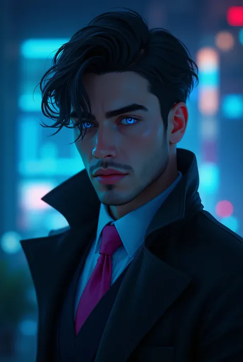 、highest quality,A dark cyberpunk world、1 male、(27year old calculated man、Detailed Chad facial, hair pomadour 、blue eyes:1.4)break, medium hair、（vivid Shiny BLUEヘアカラー:1.6）
break
 (Perfect dark black jacket blazer、dark blue trousers:1.3), (white collar shir...