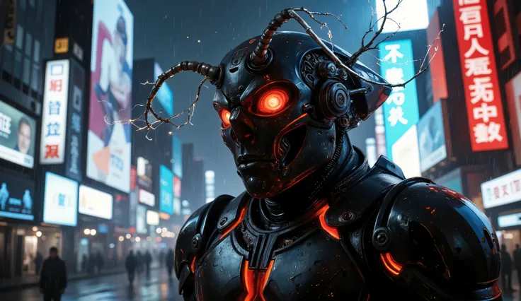 A cinimatic image of a  futuristic cybernetic warrior stands in a neon-lit cityscape, its sleek black armor glowing with pulsating red energy veins. Its helmet, resembling an insectoid predator, features glowing red eyes and intricate mechanical details. S...
