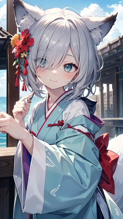  Gray Hair、 dark illuminated 、hair over one eye、summer、sea、Ruins、 low angle、Cumulonimbus、 slender、  cute pose、smile、  Cool Personality、  boyish、July、  kimono、 Fox Ears、fox tail、 high school girl、、masterpiece、masterpiece、 pale blue-green eyes、 wallpaper、 st...