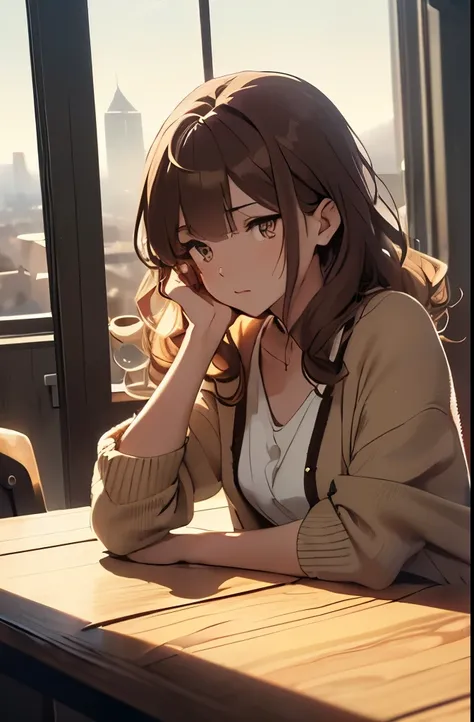 ((anime style)), ((beautiful anime girl)), (soft and delicate features), (mysterious and enigmatic expression), ((medium-length, wavy brown hair)), (softly glowing brown eyes, deep emotions hidden within), (cool and composed gaze, slightly distant look), (...