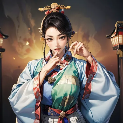 Three Kingdoms illustration , Female solo, ((Korean traditional clothing:1.5)), Beautiful Woman, beautiful face pointing a sword, perfect hands, ( black hair), sexy expression , wink your eyes, excited expression, Various facial expressions, variou...