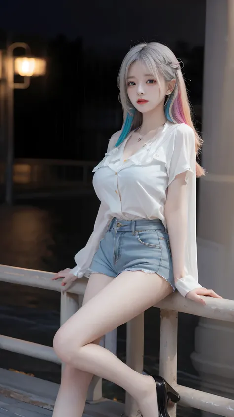   high definition , 8k,  1 girl,   Full Body Image ,stand,Look at the audience ,    Very Long Hair  ,  White hair,   rainbow hair  ,  multicolored hair , Big Breasts , Aperture F4.0,Slim legs, Sexy Gesture,necklace,earring,bangle, Women's Shirt, shorts,out...