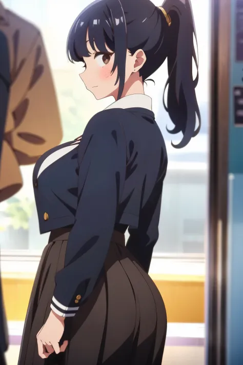 Anna yamada, school uniform, THICC ASS, 1girl, ponytail, black hair, long hair, solo, brown eyes, blush, PERFECT FIGURE, bangs, closed mouth, bare shoulders, highest quality, high resolution, IMAGE FROM BEHIND, FOCUS ON ASS