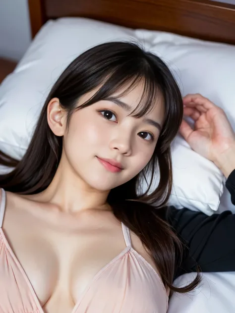 (Best quality, Masterpiece, Ultra High Resolution, (Photorealistic:1.4), Raw-Photo, depth of field, professional lighting), from above, 1girl, 15-years-old, the most famous Japanese idol, (on bed, lying on back, head on pillow, hands on chest), looking at ...