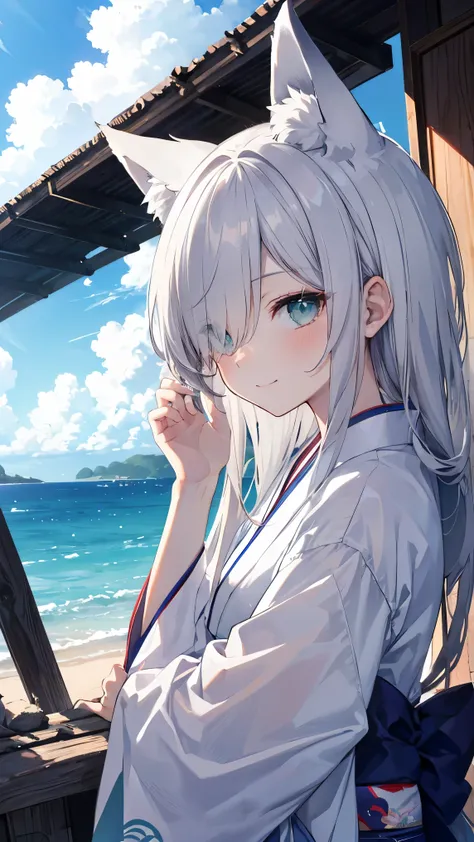  Gray Hair、 long hair、hair over one eye、summer、sea、Ruins、 low angle、Cumulonimbus、 slender、  cute pose、smile、  Cool Personality、  boyish、July、  kimono、 Fox Ears、fox tail、 high school girl、、masterpiece、masterpiece、 pale blue-green eyes、 wallpaper、 standby 