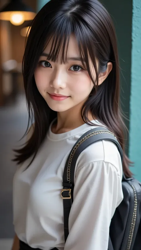 A confident short 16-year-old woman in a simple ** high school uniform ,girl**, casually leaning against a wall. Her posture is relaxed, and she gazes directly at the camera with a calm yet engaging expression. Her long hair falls naturally around her sho...