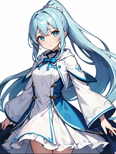 Masterpiece, high quality, girl, one, hairstyle/hair color: long lavender ponytail, light blue (pale cyan blue)
 - eye shape/eye color: round, kindly shaped eyes, pale light blue (soft impression)
 - costume style/color: robe-like costume with hood, Costum...