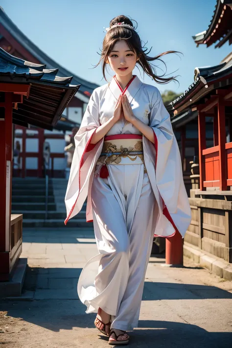  top quality、Many shrine maidens are dancing a prayer dance at the seaside、 they are young and beautiful Japanese、They are wearing white costumes 、Dozens of shrine maidens are dancing