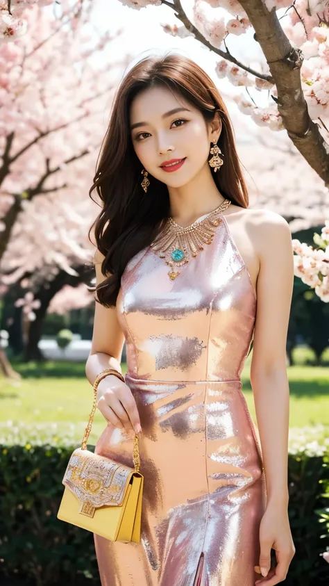 detailed face, Clear face, beautiful girl, Asian makeup, red lips, light brown hair, flowers in hair, Medium body- breasts, Thai dress, Ancient Thai, Medium sexy dress,((red pink dress)), gold design, shine, Sequins, gem, beads , Crossbody jewelry, arm jew...