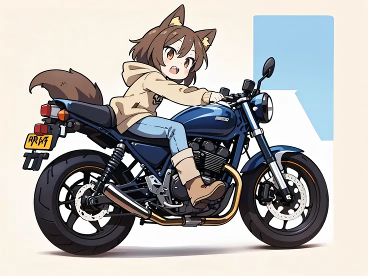 dark blue motorcycle、 anime style、Fox Ears、 girl、 brown hair、 beige hoodie、 denim、 boots、 double teeth、 riding a motorcycle