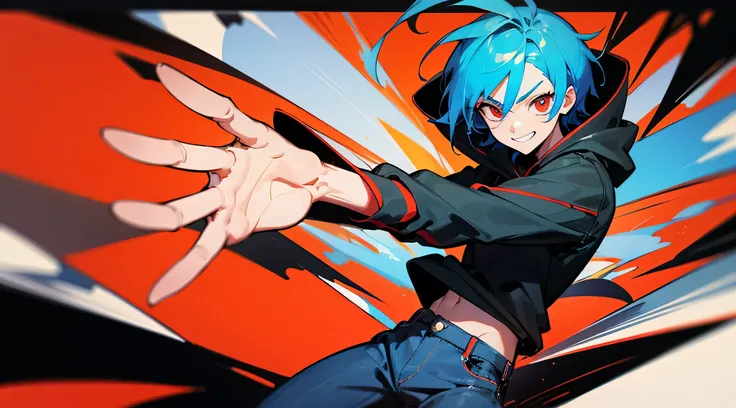 "A highly detailed anime-style illustration of a young male character with vibrant blue hair and striking red eyes. He has a confident and friendly expression, wearing a black hoodie with red accents and blue jeans. His pose is dynamic, with one hand raise...