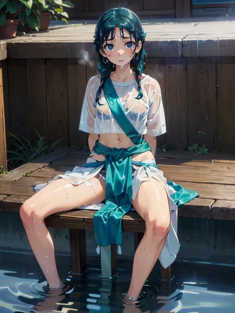 anime - style illustration of a woman in a (white silk loincloth:1.5), (seen through Disheveled clothing:1.5), anime character, official character art, full body, female anime girl, (small breasts), dark green and teal hair, blunt bangs, in the private roo...