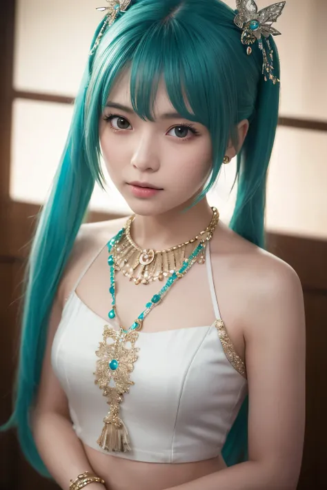 1girl,loli,(best quality,absolutely resolution,ultra detailed,masterpiece),(photo realistic),8K,(detailed face),delicate realistic skin texture,(Shining eyes),Hatsune Miku,aqua hair,twintails,very long hair,hair ornament,hairpin,hairclip,bracelet,white ski...