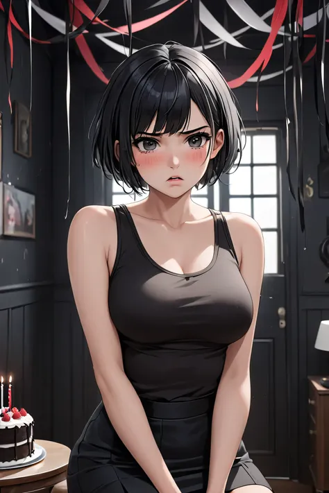 (masterpiece, best quality, 8k, high definition), whole body, 1 woman, black pixie cut, mid-chest, dark grey eyes, soft lips, beautiful face, wearing a black tanktop and tight black skirt, natural light, detailed background, Detailed Illustration Art, tsun...